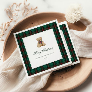 Green Plaid Teddy Bear Christmas Party Napkins