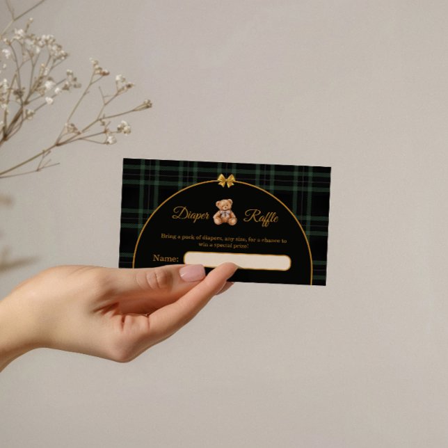 Green Plaid Teddy Bear Diaper Raffle Tickets Enclosure Card (Creator Uploaded)