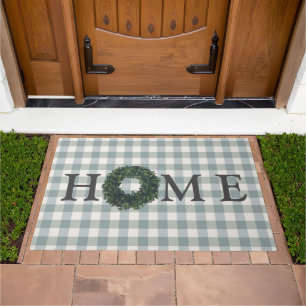 Green Plaid Typography HOME Gingham Country Doormat
