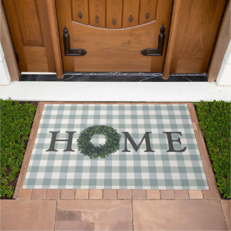 Green Plaid Typography HOME Gingham Country Doormat