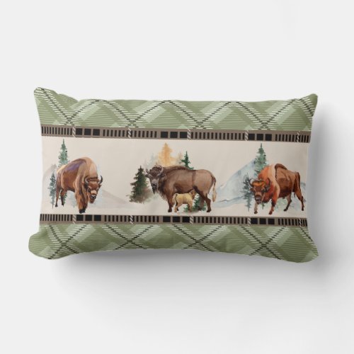 Green Plaid Watercolor Bison Buffalo Southwest Lumbar Pillow