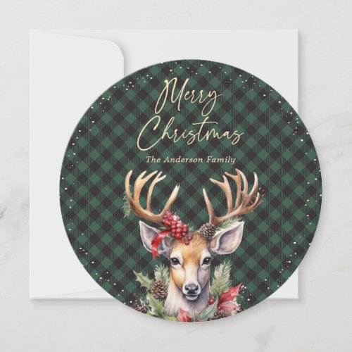 Green Plaid Watercolor Deer Christmas Holiday Card