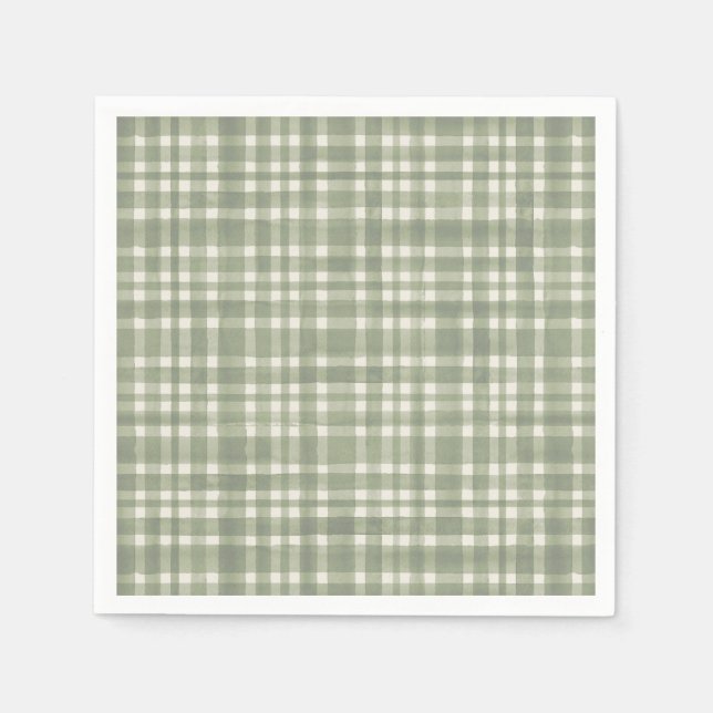Green Plaid Watercolor Gingham Party Plate Napkins (Front)