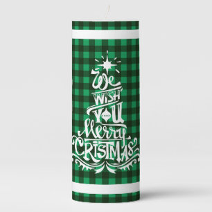 Green plaid we wish you Merry Christmas Pillar Candle
