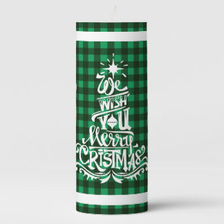 Green plaid we wish you Merry Christmas Pillar Candle