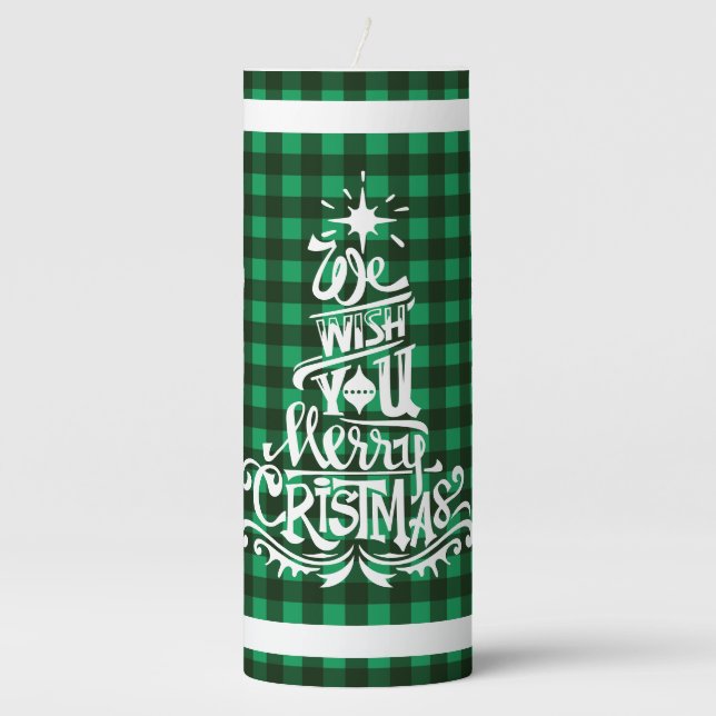 Green plaid we wish you Merry Christmas Pillar Candle (Front)