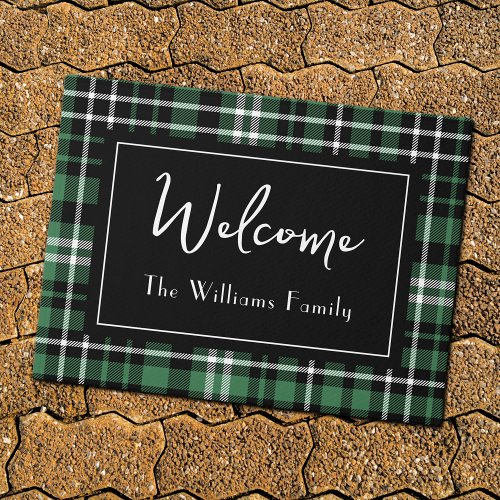 Green Plaid Welcome Monogrammed Family Name Doorm Doormat