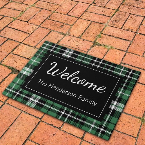Green Plaid Welcome Monogrammed Family Name Doormat
