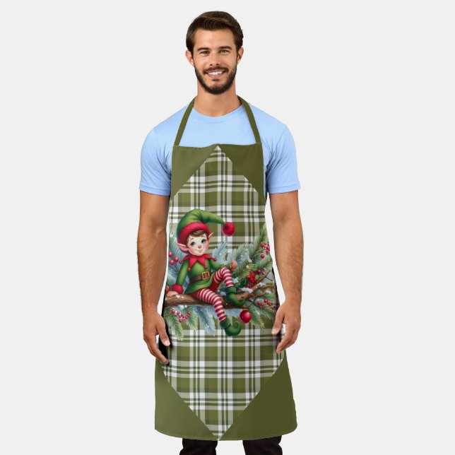 Green Plaid With a Lazy Elf on A Branch Apron (Worn)