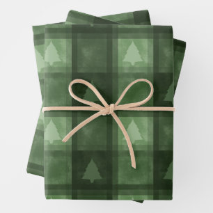 Green Plaid With Fir Tree Motifs Christmas Pattern Wrapping Paper Sheets