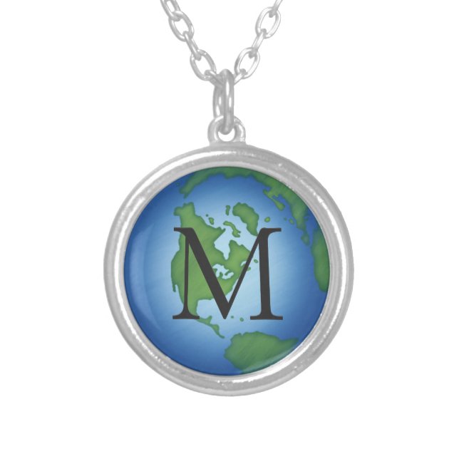 Green Planet Earth Environmental Monogramed Silver Plated Necklace (Front)