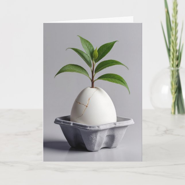 Green Plant Growing Out of a White Egg Card (Front)