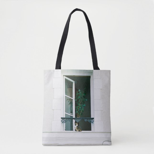 GREEN PLANT ON WHITE WINDOW TOTE BAG (Front)