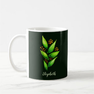 Green Plant Orange Berries Watercolor Name Coffee Mug