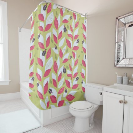 Green Plant With Pink Leaves And Ladybugs Spring Shower Curtain
