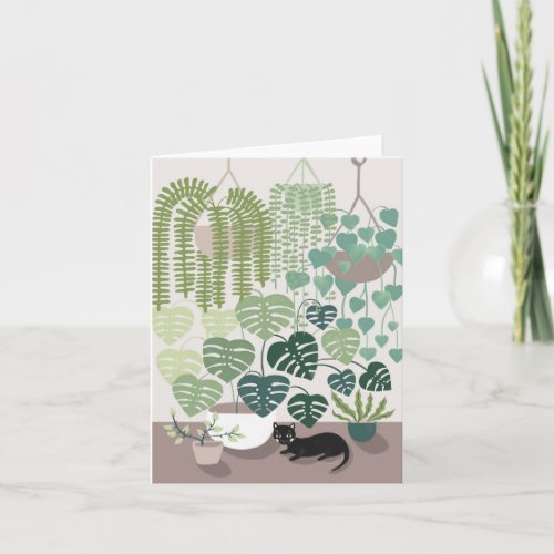 Green plants and cat house_warming card