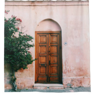 GREEN PLANTS BESIDE BROWN WOODEN DOOR SHOWER CURTAIN