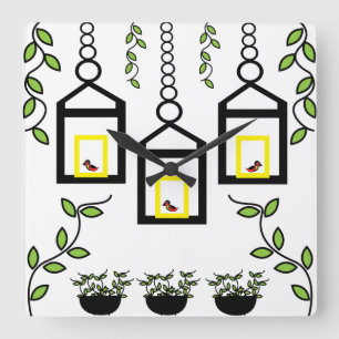 Green Plants Birds Nature Pattern Square Wall Clock