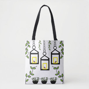 Green Plants Birds Nature Pattern Tote Bag