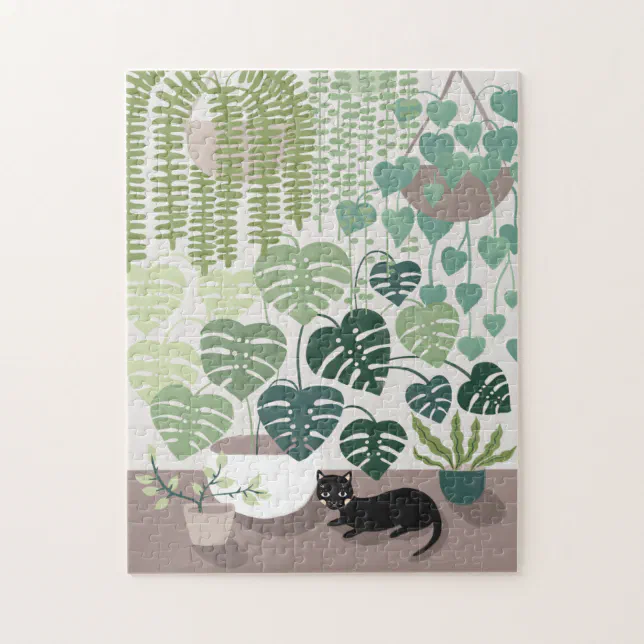 Green plants, monstera and black cat art puzzle | Zazzle