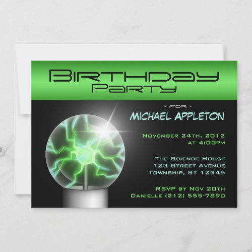 Green Plasma Ball Birthday Party Invitations