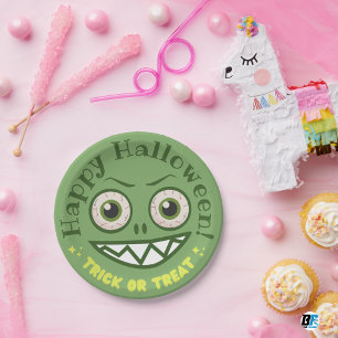 Green Playful Monster Halloween Paper Plates