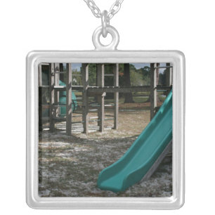 Green Playground slide, wood jungle gym Silver Plated Necklace