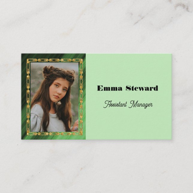 Green Pleat & Gold Chain with Personalized Photo Business Card (Front)