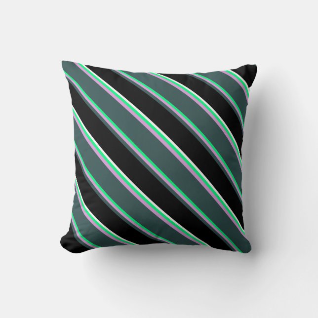 Green, Plum, Dark Slate Gray, Black, and White Throw Pillow (Front)