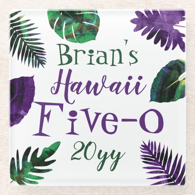 Green, Plum Purple Leaves Hawaii 5-0 50th Birthday Glass Coaster (Front)