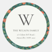 Green Poinsettia Christmas Floral Monogram Address Classic Round Sticker (Front)