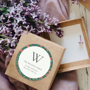 Green Poinsettia Christmas Floral Monogram Address Classic Round Sticker