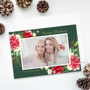 Green Poinsettia Floral Frame Photo Holiday Card