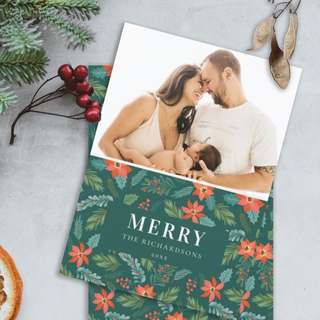 Green Poinsettia Merriest Christmas Pattern Photo Holiday Card (Creator Uploaded)