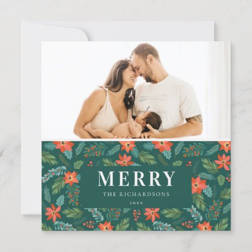 Green Poinsettia Merriest Christmas Pattern Photo Holiday Card