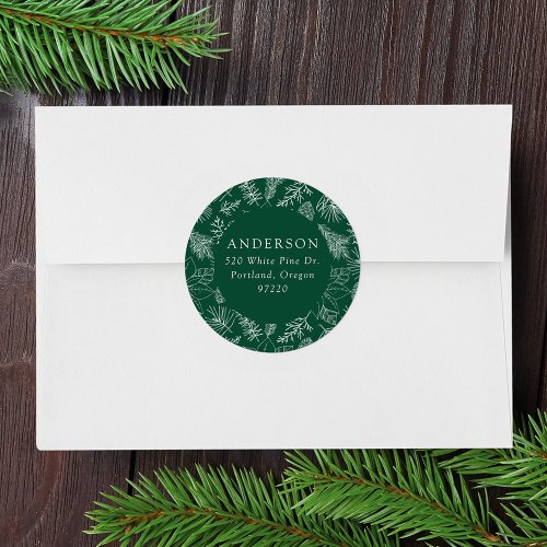 Green Poinsettias and Pinecones Return Address Classic Round Sticker