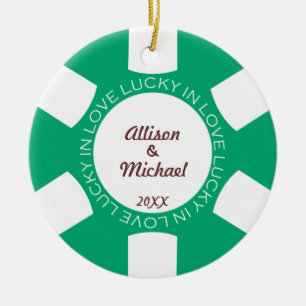 Green poker chip lucky in love couple photo vegas ceramic ornament