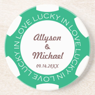 Green poker chip lucky in love wedding anniversary coaster