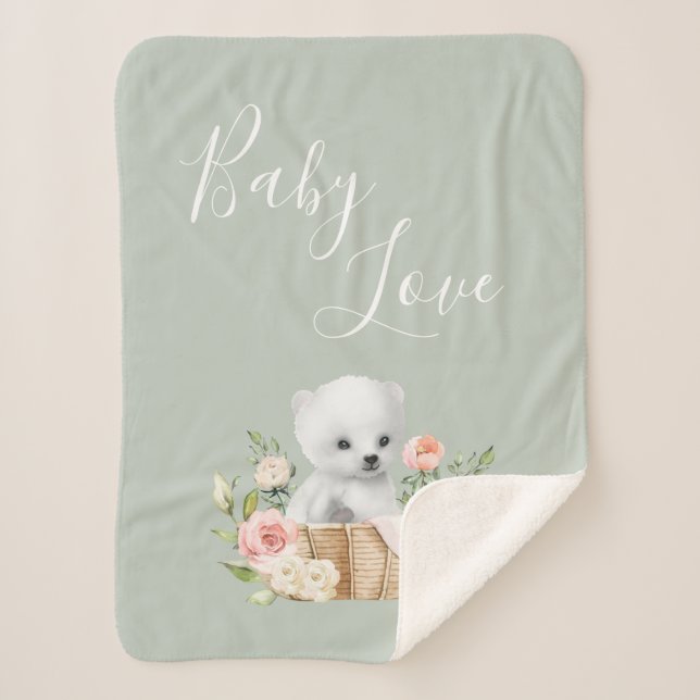 Green Polar Bear Baby Love  Sherpa Blanket (Front)