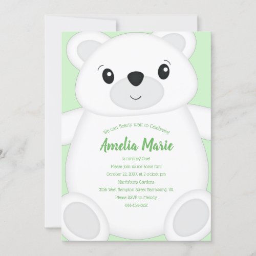 Green Polar Bear Birthday Party Invitation
