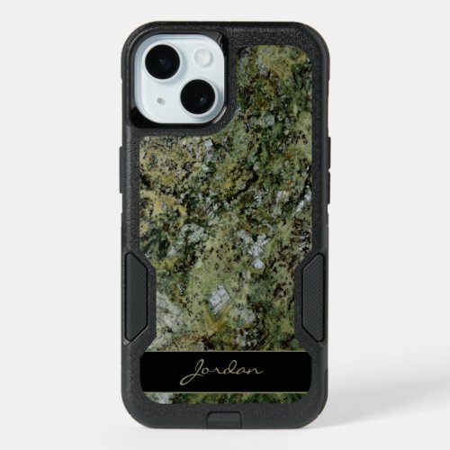 Green Polished Granite Stone with Name iPhone 15 Case