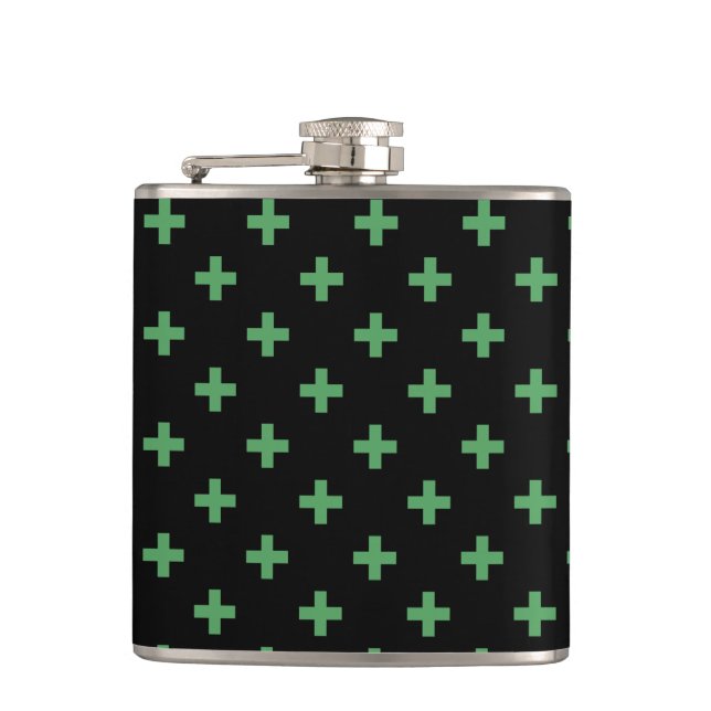 Green polka crosses on black flask (Front)