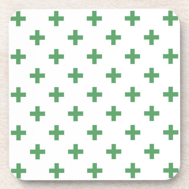 Green polka crosses on white beverage coaster (Front)
