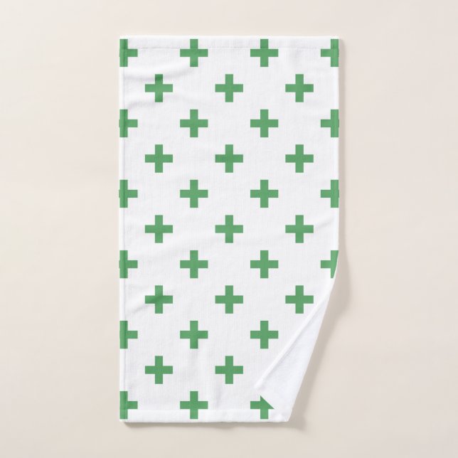 Green polka crosses on white hand towel  (Hand Towel)