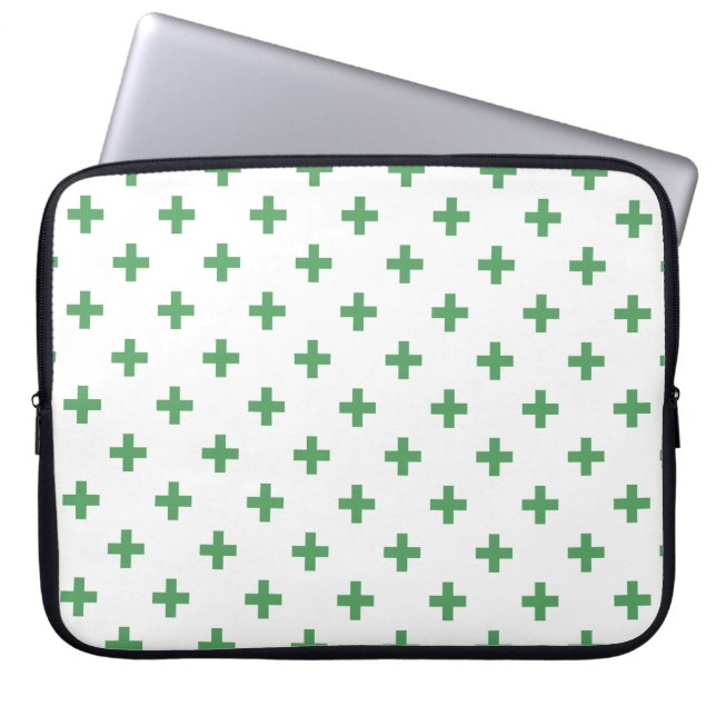 Green polka crosses on white laptop sleeve (Front)