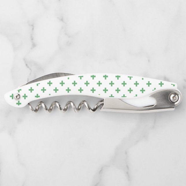 Green polka crosses on white waiter's corkscrew (Back)