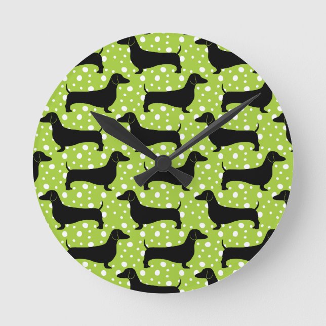 Green Polka Dachshunds Round Clock (Front)
