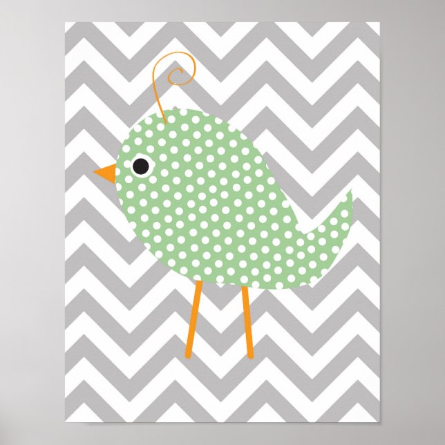 Green Polka Dot Bird, Gray Chevron Bedroom Nursery Poster (Front)