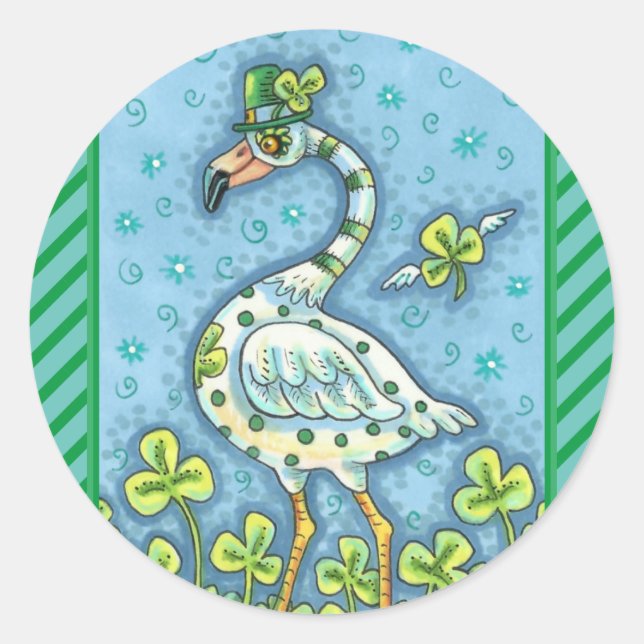 GREEN POLKA DOT FLAMINGO, FUNNY ST. PATRICK'S DAY CLASSIC ROUND STICKER (Front)