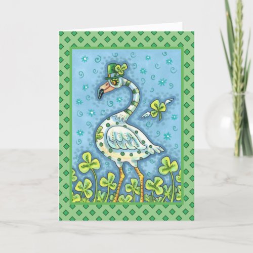 GREEN POLKA DOT FLAMINGO FUNNY ST PATRICKS DAY HOLIDAY CARD